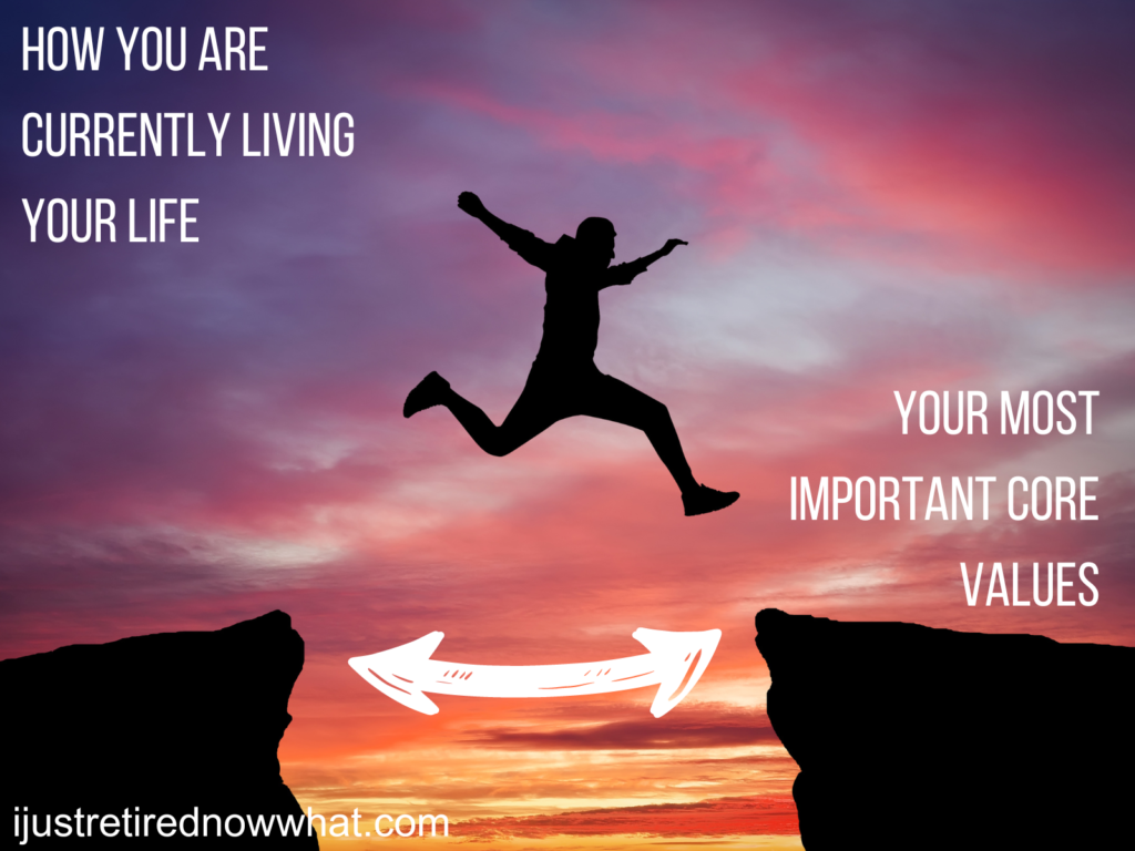 silhouette of a person leaping across a gap between two rocks, with a two way arrow beneath him. Text in upper left: "How you are currently living your life". Text in lower right: "Your most important core values"