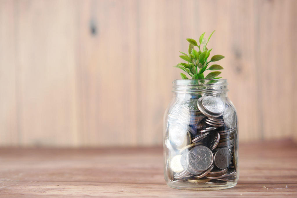 jar of coins with plant