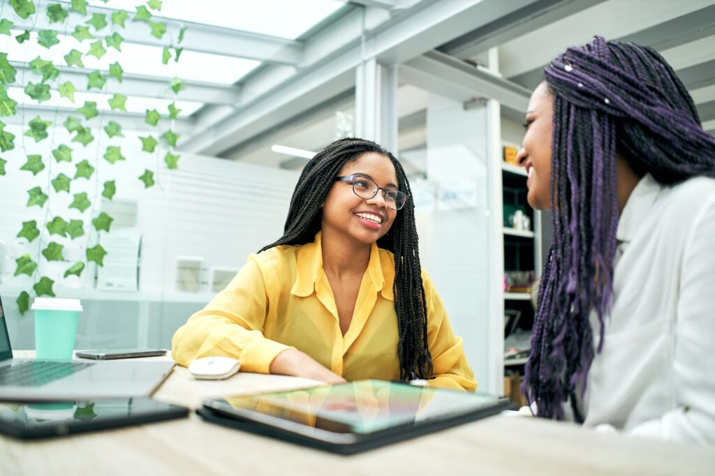 two women talking