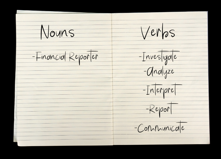 open lined notebook with text on left side page: "Nouns, Financial Reporter" and text on right side page: "Verbs, Investigate, Analyze, Interpret, Report, Communicate"