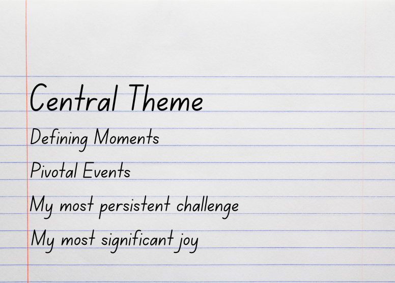 sheet of notebook paper with the following written on it in a column: "Central Theme", "Defining Moments", "My most persistent challenge", "My most significant joy"