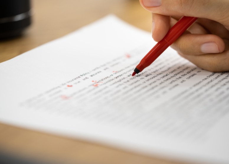 close-up of someone (hand only) editing a typed manuscript with a red pen