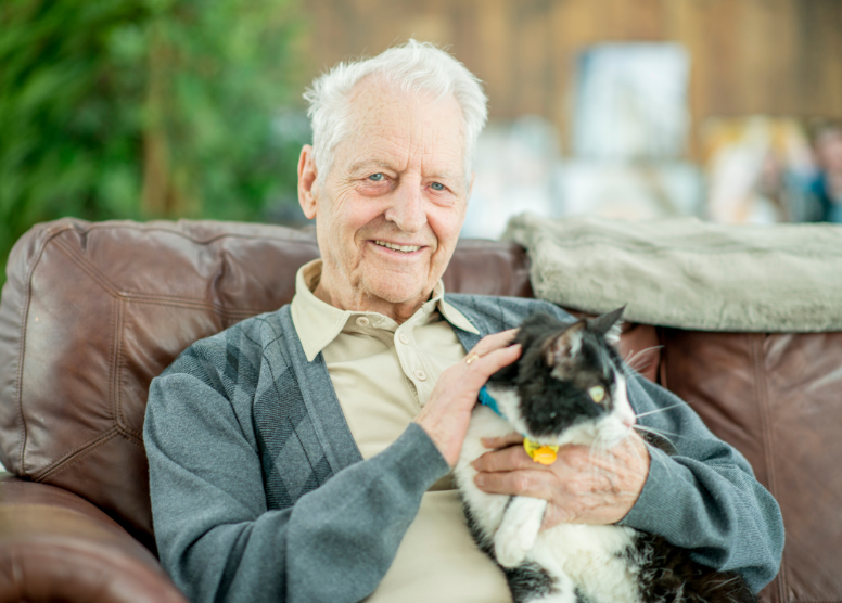 elderly man sitting in a chair holding a pet cat