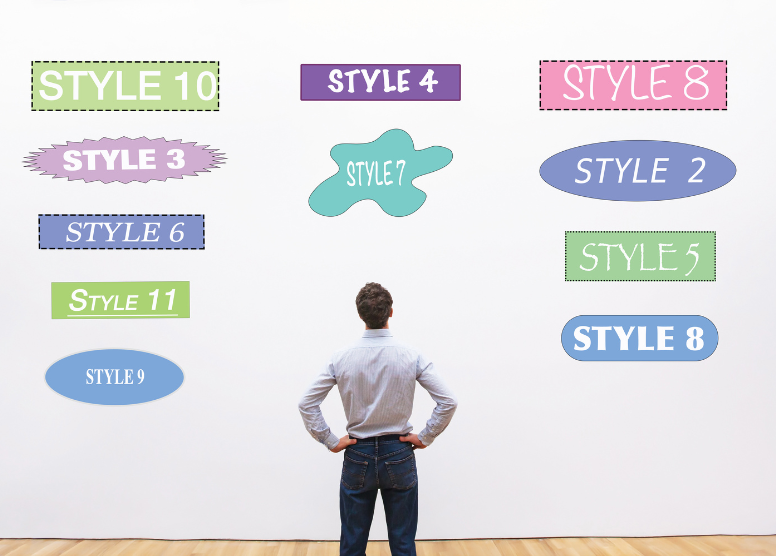 back view of a man with hands on hips look at a white wall with different font styles and colors on it