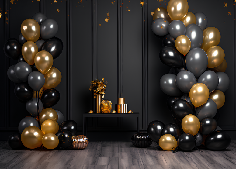 retirement party photo backdrop with gold, gray, and black balloons, gold candles and flowers, black wall background