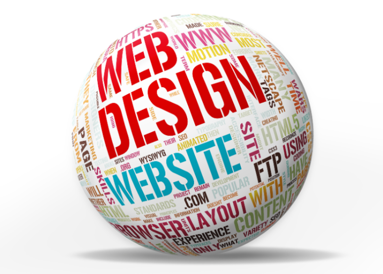 sphere with website and web design-related words in it, including Web Design, Website, .com, www, browser layout, content, ftp, etc