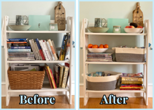 bookshelf before and after being organized