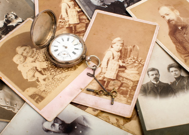 vintage photos and an antique pocket watch