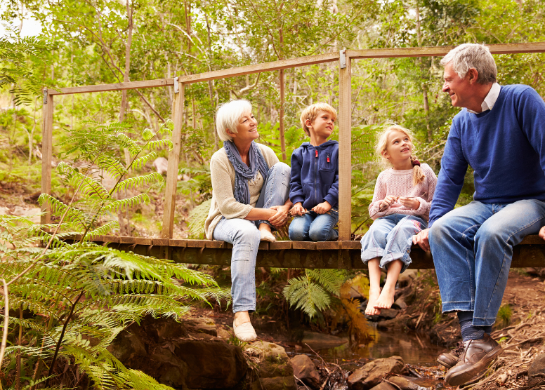 grandparents and their grandchildren sitting on a small wooden bridge over a stream in the woods