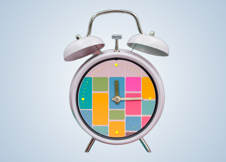 block planning - double-bell alarm clock. Face of the clock is multi-colored squares and vertical rectangles