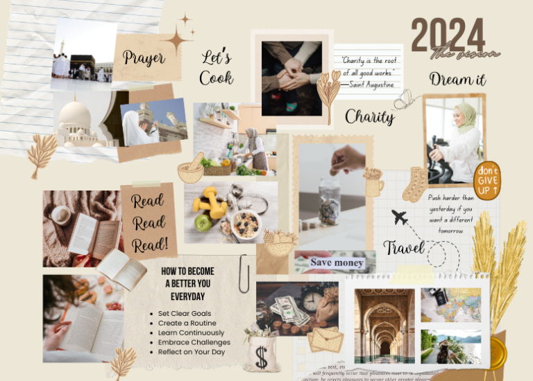 "2024: The Vision" vision board. Divided into sections: Prayer, Let's Cook, Charity, Dream It, Travel, Read Read Read. Photos and images