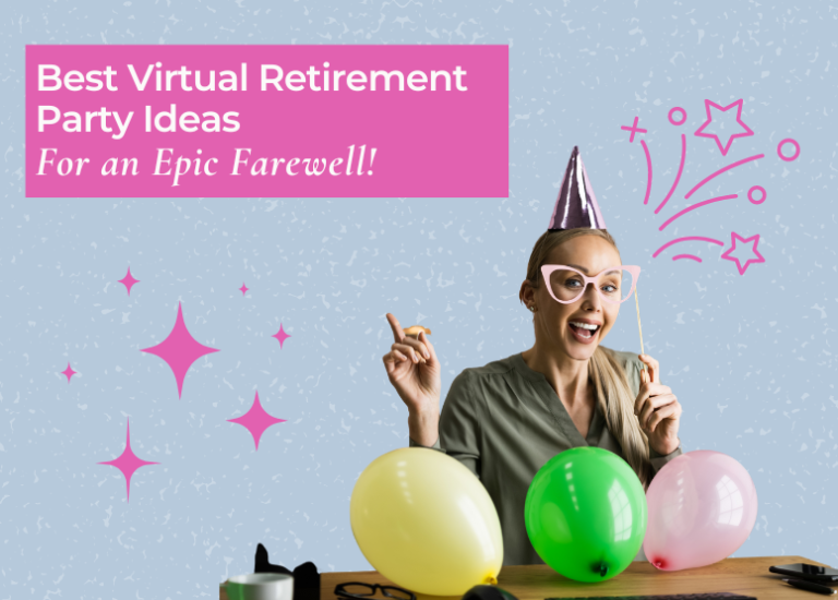 Text: Best Virtual Retirement Party Ideas for an Epic Farewell! Image: woman wearing party hat, balloons on a table.