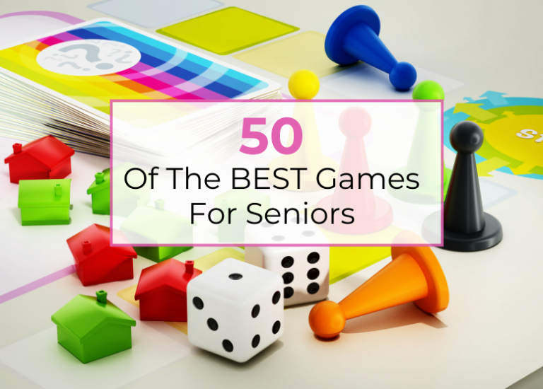 background image: board game pieces (dice, pawns, Monopoly houses), game cards, game board. Text: 50 of the BEST Games for seniors