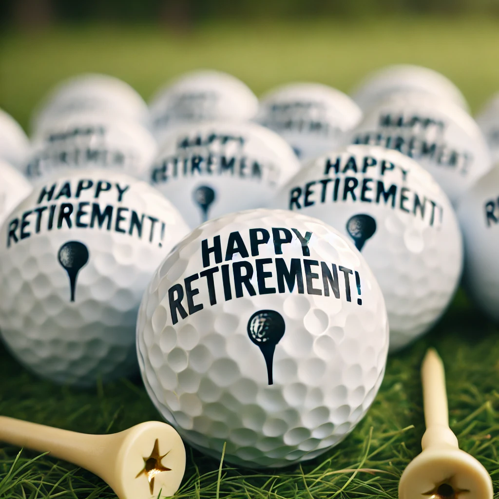 golf balls that have "Happy Retirement!" printed on them