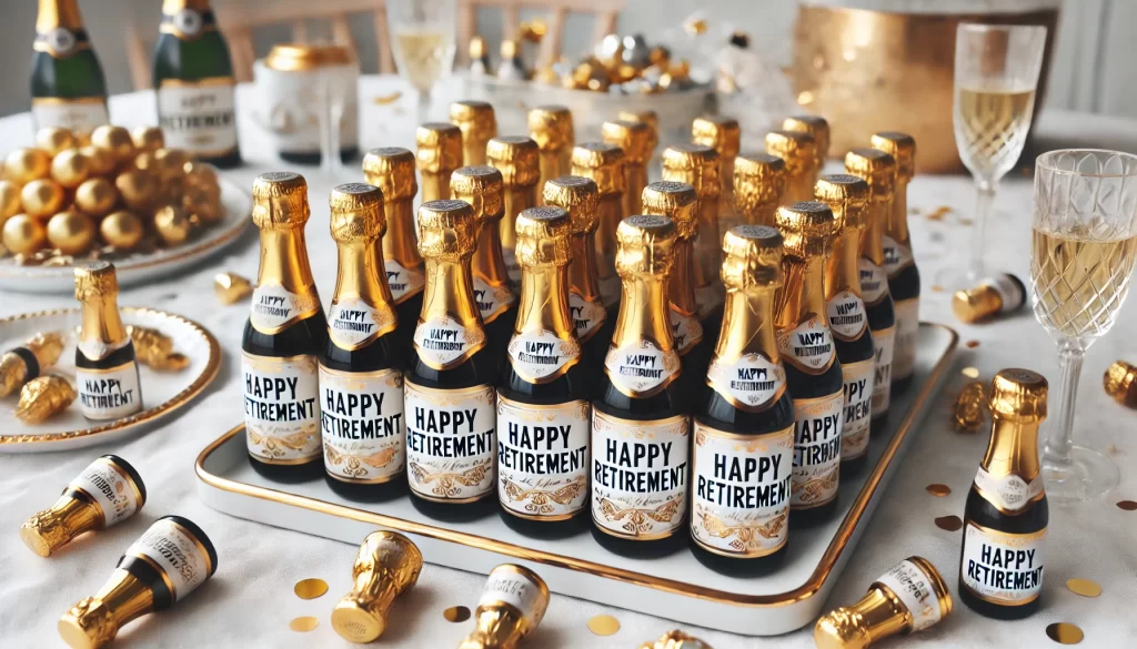 mini champagne bottles with labels that say "Happy Retirement"