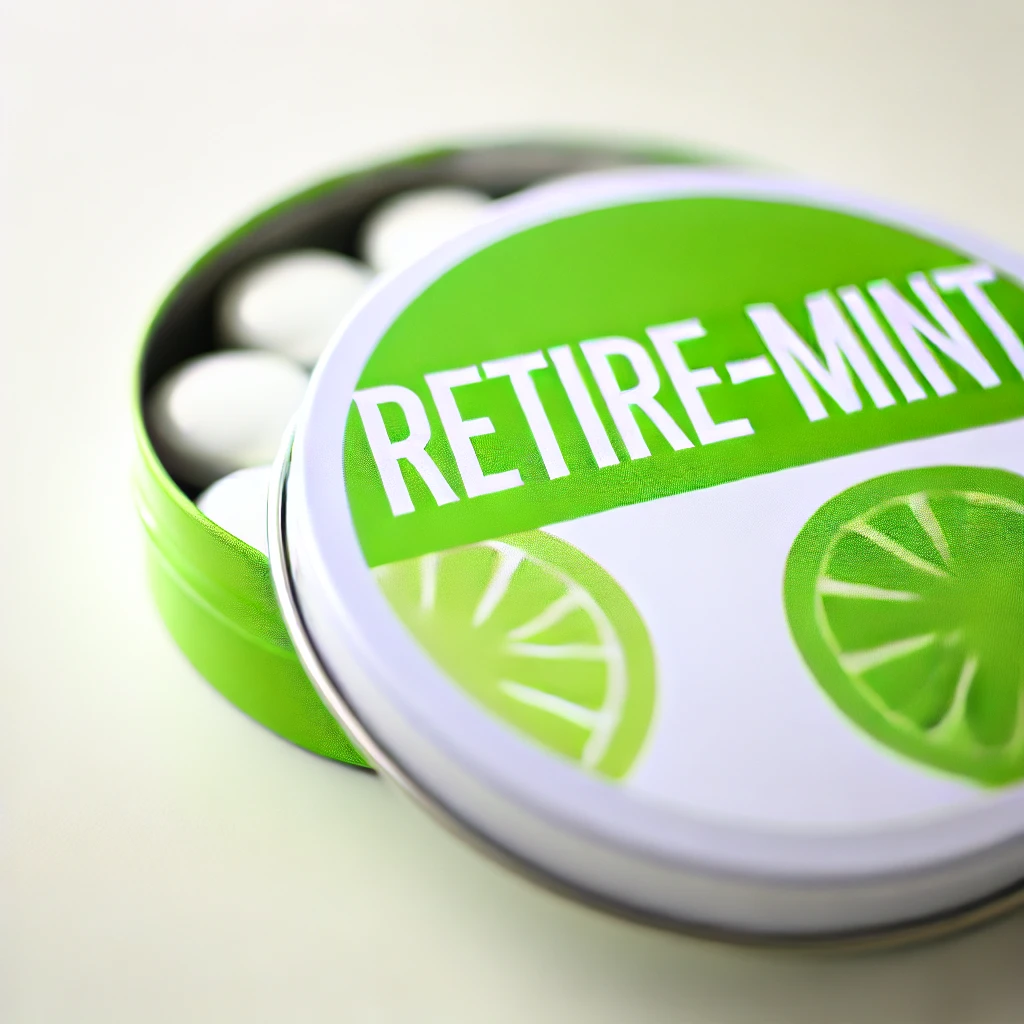 tin of breath mints that say "Retire-Mint" on the top