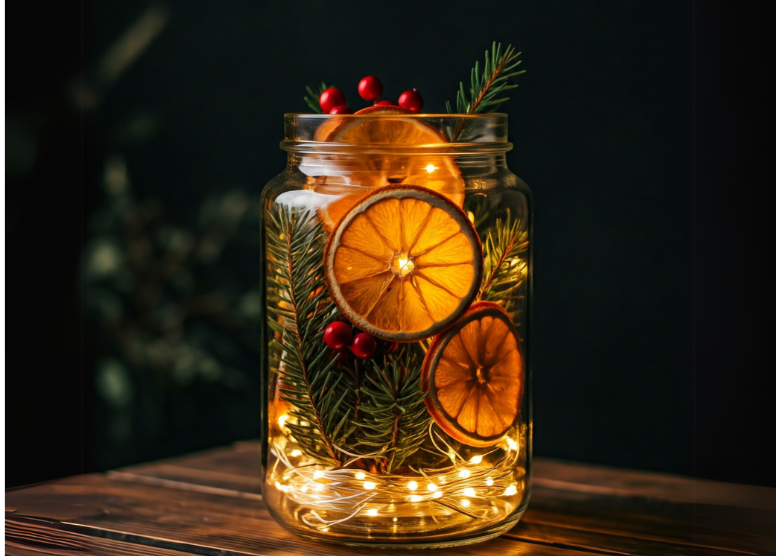 dried orange slices, pine twigs, holly berries, and tiny white lights in a glass jar