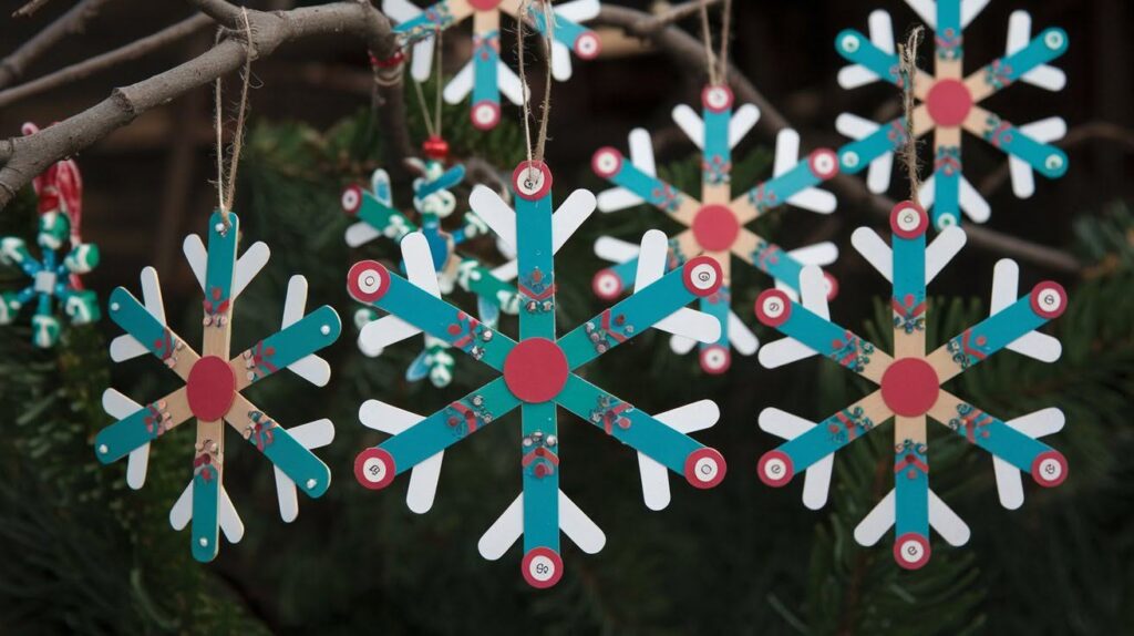 snowflake ornaments made from popsicle sticks